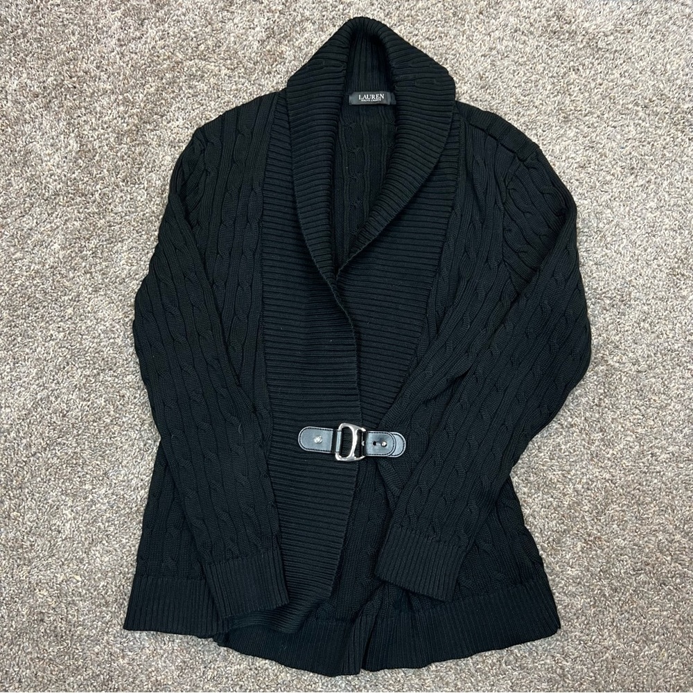 Lauren Ralph Lauren sweater womens extra large black cardigan cable knit cotton